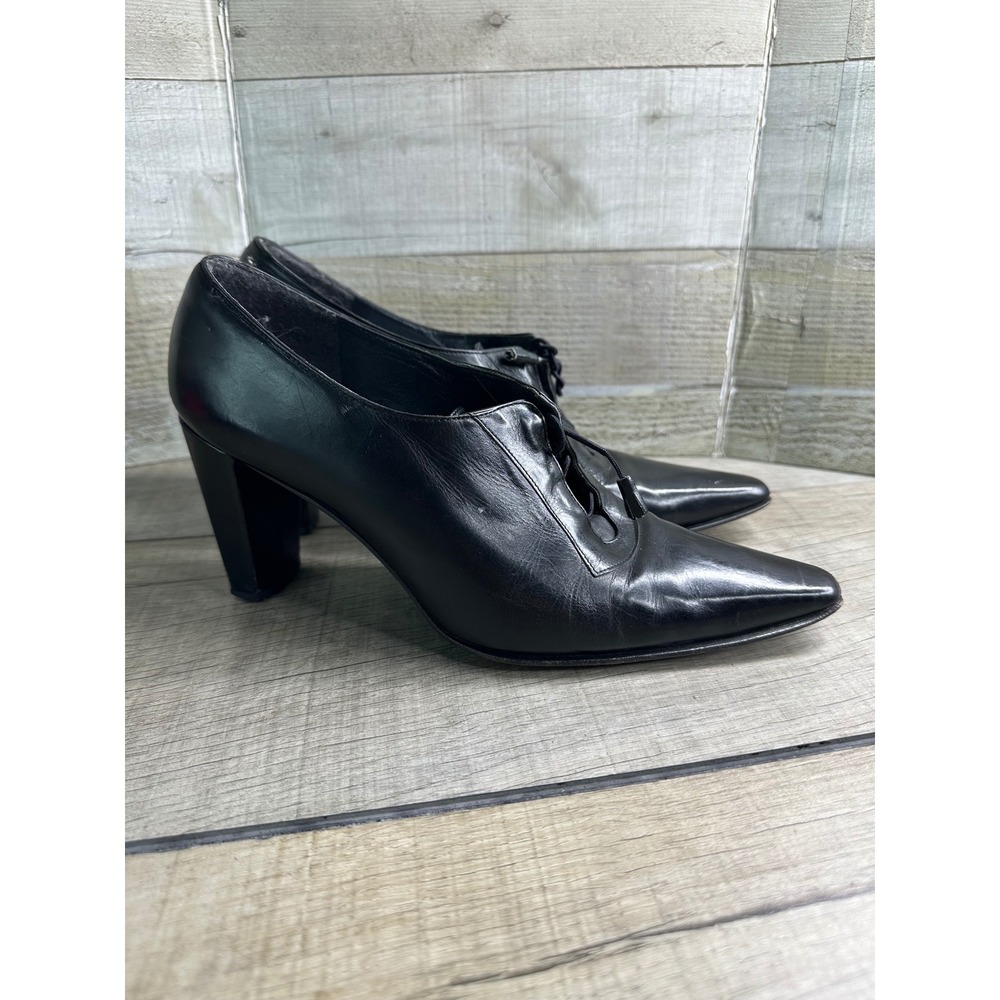 Stuart Weitzman Black Leather Lace Up Pointed Toe Shooties Block Heels 7.5 B
